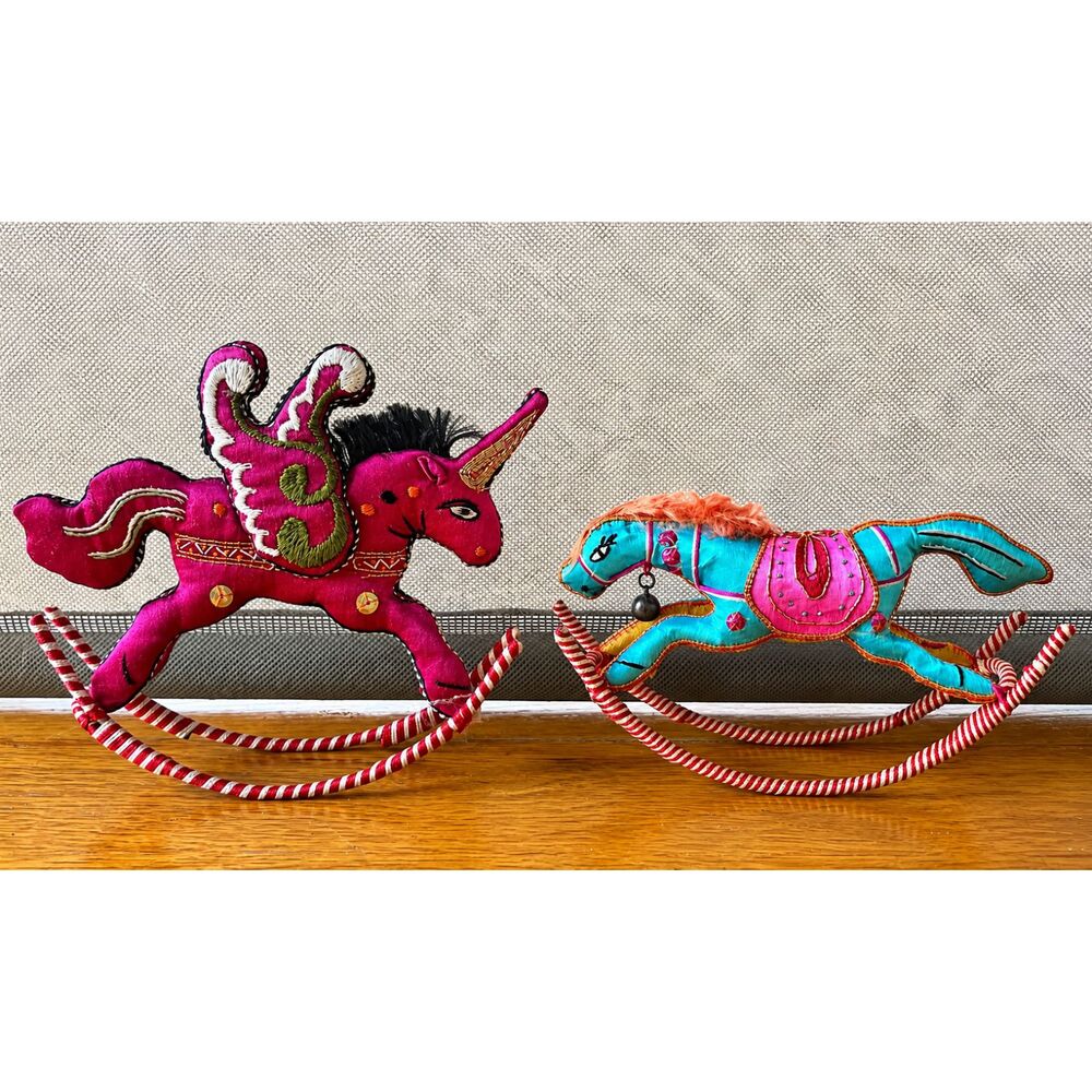 Vintage Fabric Rocking Horse Pair Embroidered Sequins Boho Folk Art Decor